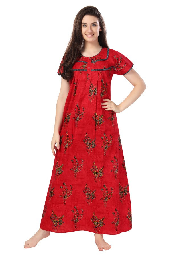 AV2 Women Printed Cotton Nightwear Nighty|Womens Night Wear Maxi Red - 7211E