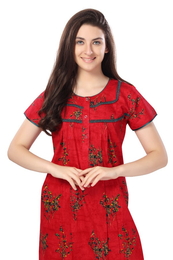 AV2 Women Printed Cotton Nightwear Nighty|Womens Night Wear Maxi Red - 7211E