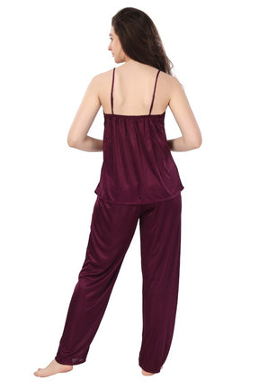 AV2 Women Satin 3 piece Nightsuit Set With Jacket Wine - 1313WINE