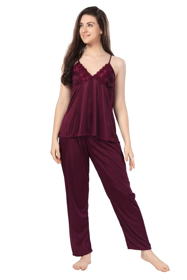 AV2 Women Satin 3 piece Nightsuit Set With Jacket Wine - 1313WINE