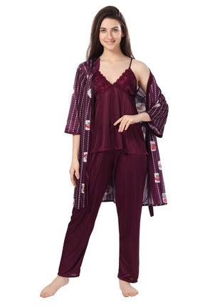 AV2 Women Satin 3 piece Nightsuit Set With Jacket Wine - 1313WINE