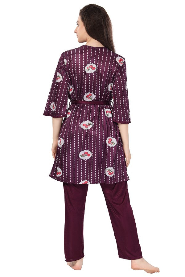 AV2 Women Satin 3 piece Nightsuit Set With Jacket Wine - 1313WINE