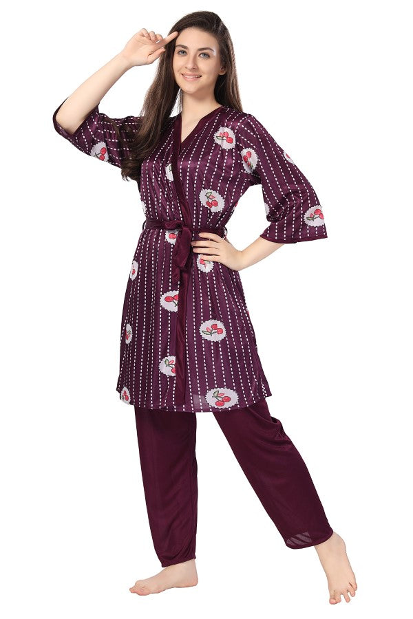 AV2 Women Satin 3 piece Nightsuit Set With Jacket Wine - 1313WINE