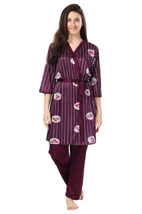 AV2 Women Satin 3 piece Nightsuit Set With Jacket Wine - 1313WINE