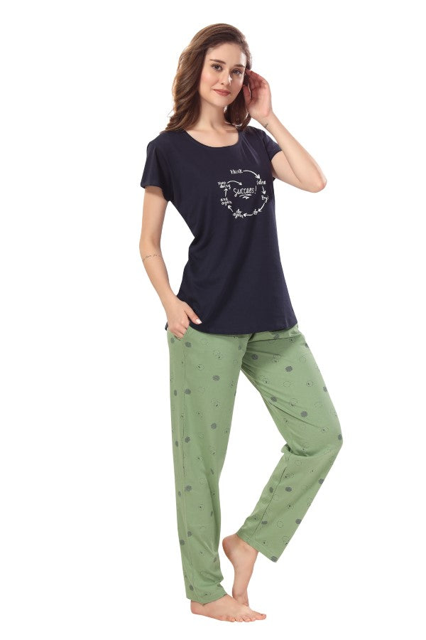 AV2 Women Cotton Printed Top & Pyjama Nightsuit set Navy - 2403B