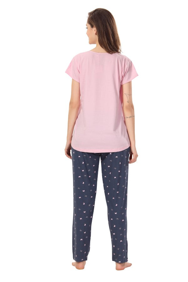 AV2 Women Cotton Printed Top & Pyjama Nightsuit set Pink - 2405B