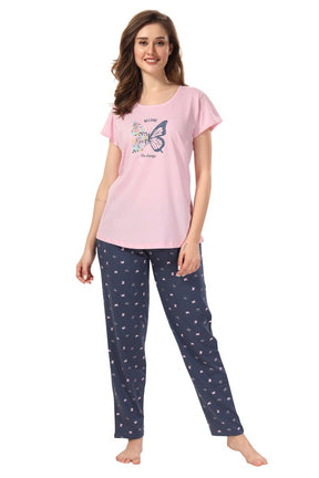 AV2 Women Cotton Printed Top & Pyjama Nightsuit set Pink - 2405B