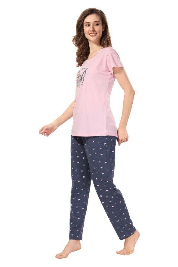 AV2 Women Cotton Printed Top & Pyjama Nightsuit set Pink - 2405B