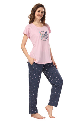 AV2 Women Cotton Printed Top & Pyjama Nightsuit set Pink - 2405B