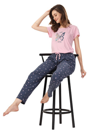 AV2 Women Cotton Printed Top & Pyjama Nightsuit set Pink - 2405B