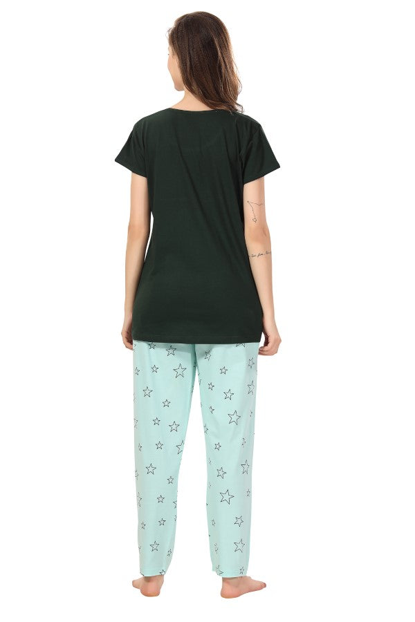 AV2 Women Cotton Printed Top & Pyjama Nightsuit set Green - 2404B