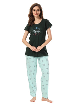 AV2 Women Cotton Printed Top & Pyjama Nightsuit set Green - 2404B