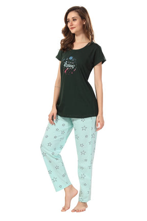 AV2 Women Cotton Printed Top & Pyjama Nightsuit set Green - 2404B