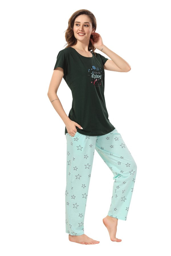 AV2 Women Cotton Printed Top & Pyjama Nightsuit set Green - 2404B