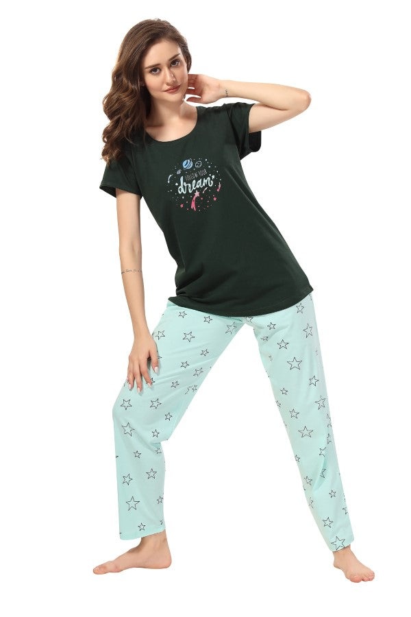 AV2 Women Cotton Printed Top & Pyjama Nightsuit set Green - 2404B