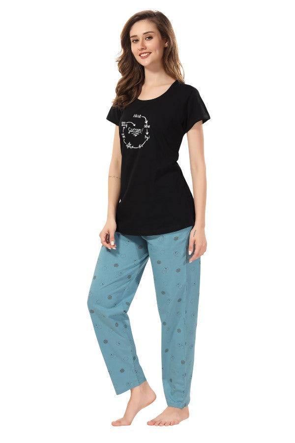 AV2 Women Cotton Printed Top & Pyjama Nightsuit set Black - 2403A