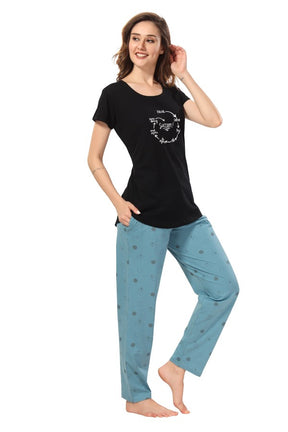 AV2 Women Cotton Printed Top & Pyjama Nightsuit set Black - 2403A