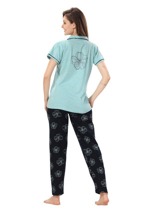 AV2 Women Cotton Short Sleeve Top And Pyjama Nightsuit Set Blue - 2408A