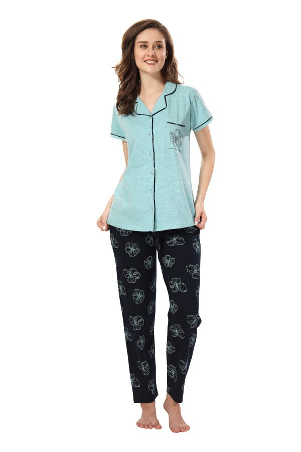 AV2 Women Cotton Short Sleeve Top And Pyjama Nightsuit Set Blue - 2408A