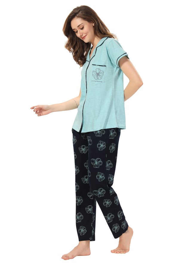 AV2 Women Cotton Short Sleeve Top And Pyjama Nightsuit Set Blue - 2408A