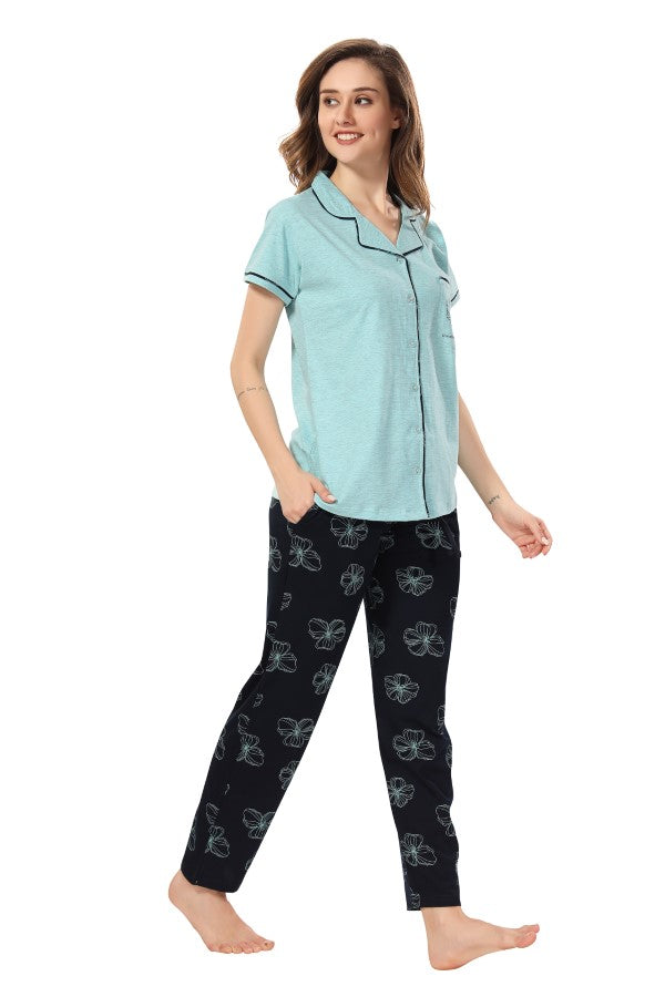 AV2 Women Cotton Short Sleeve Top And Pyjama Nightsuit Set Blue - 2408A