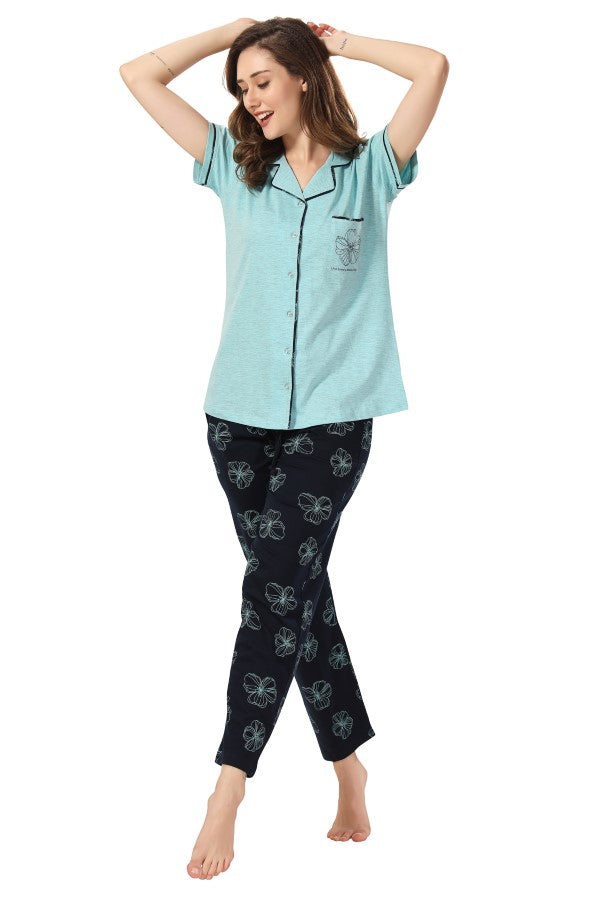 AV2 Women Cotton Short Sleeve Top And Pyjama Nightsuit Set Blue - 2408A