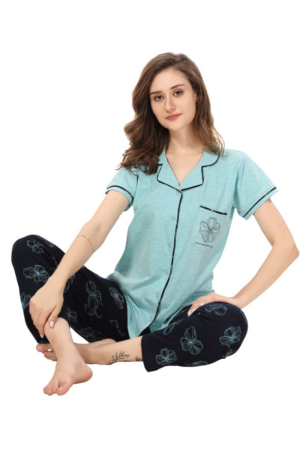 AV2 Women Cotton Short Sleeve Top And Pyjama Nightsuit Set Blue - 2408A