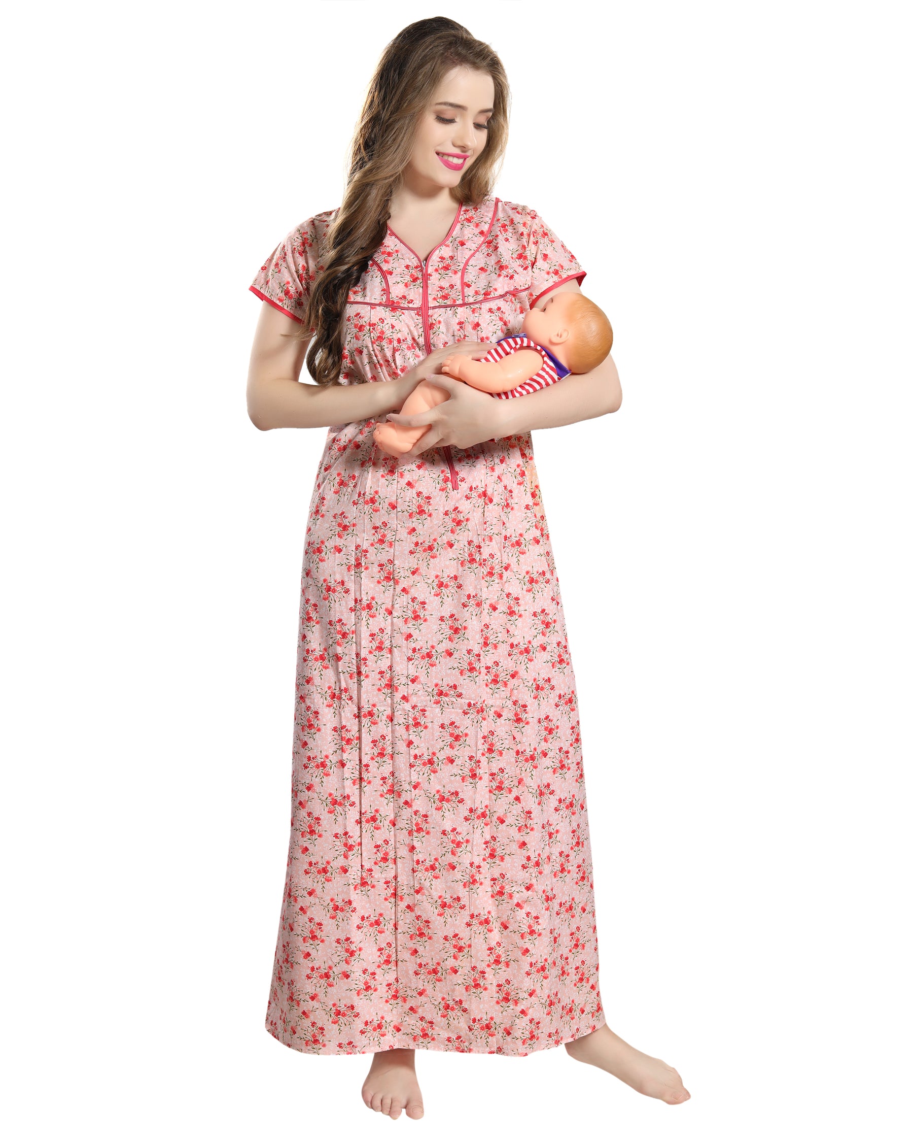 AV2 Women Printed Feeding/Nursing/Maternity Nighty Peach - 1184B