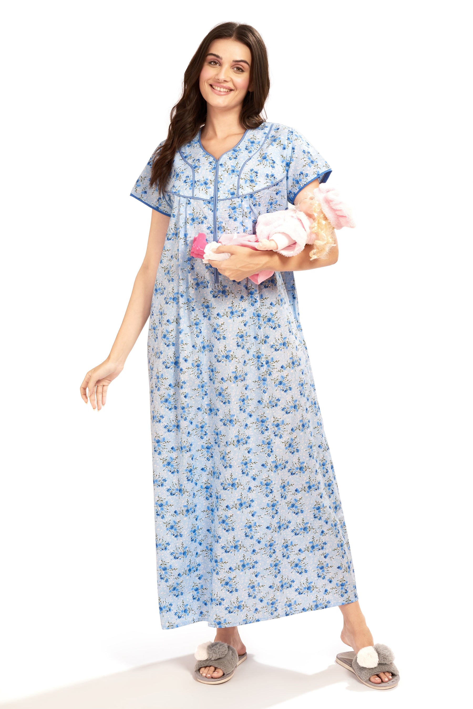 AV2 Women Printed Feeding/Nursing/Maternity Nighty White - 1184C