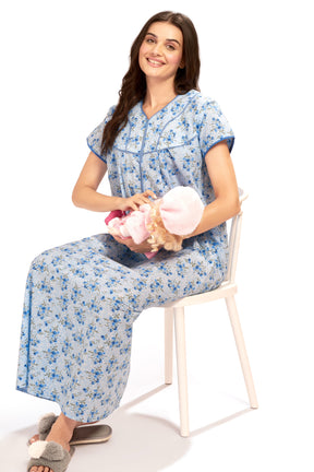 AV2 Women Printed Feeding/Nursing/Maternity Nighty White - 1184C