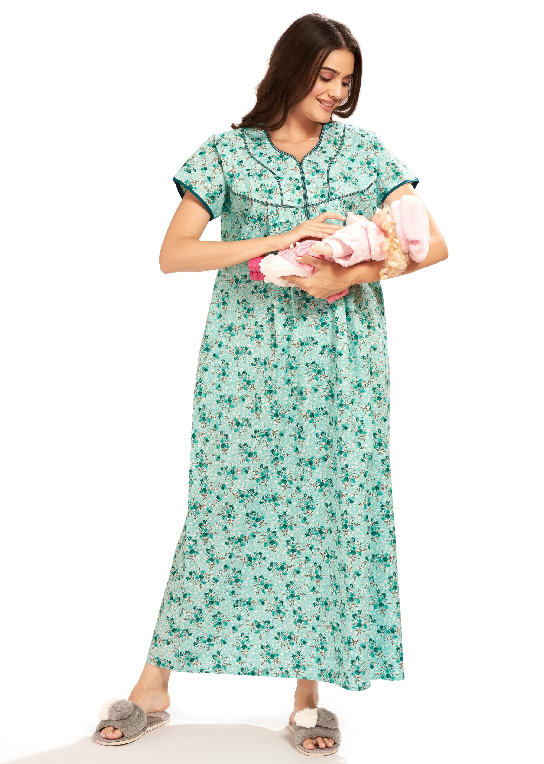 AV2 Women Printed Feeding/Nursing/Maternity Nighty Green - 1184F