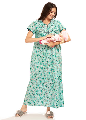AV2 Women Printed Feeding/Nursing/Maternity Nighty Green - 1184F