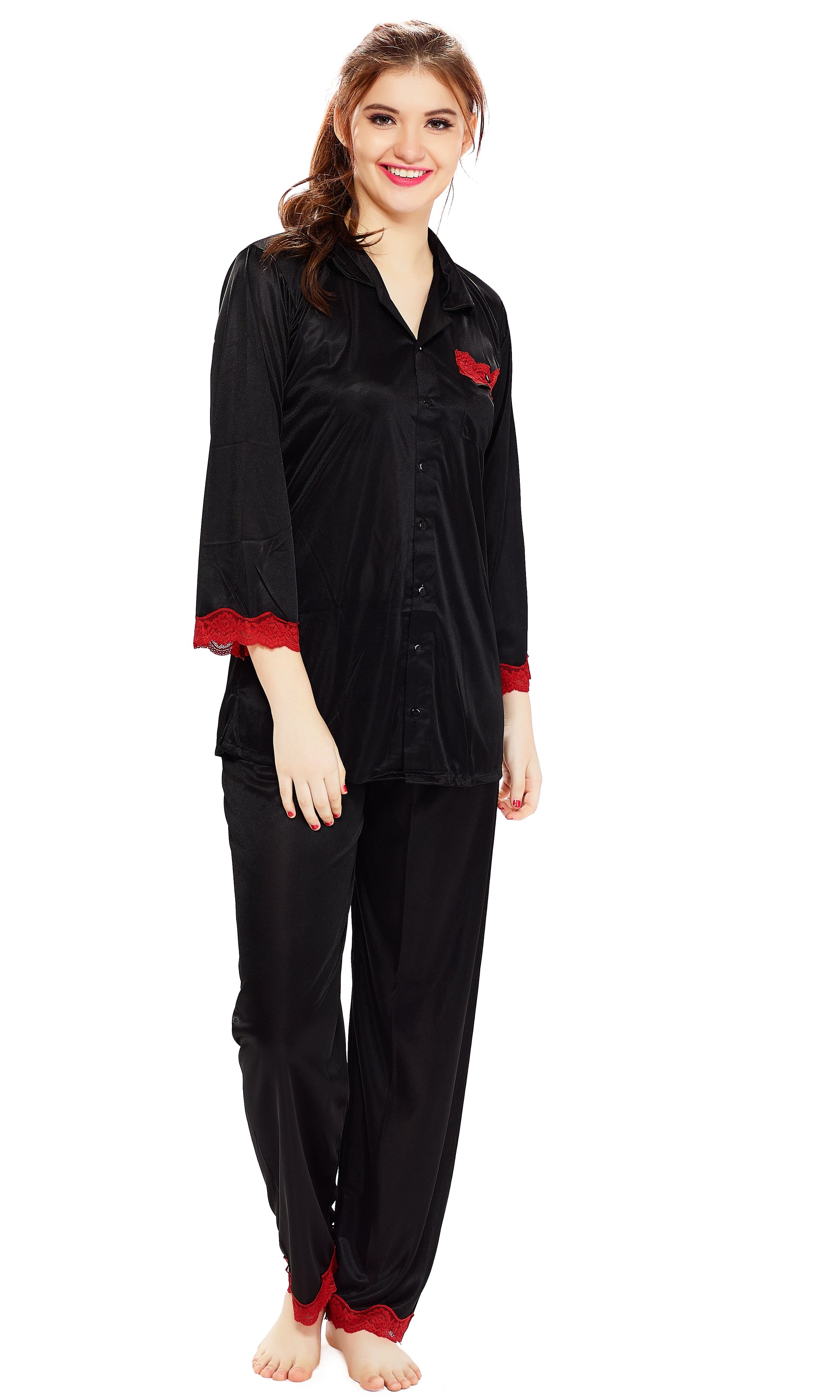 AV2 Women Satin 3/4th Sleeve Top and Pyjama Nightsuit Set - Black 1216B