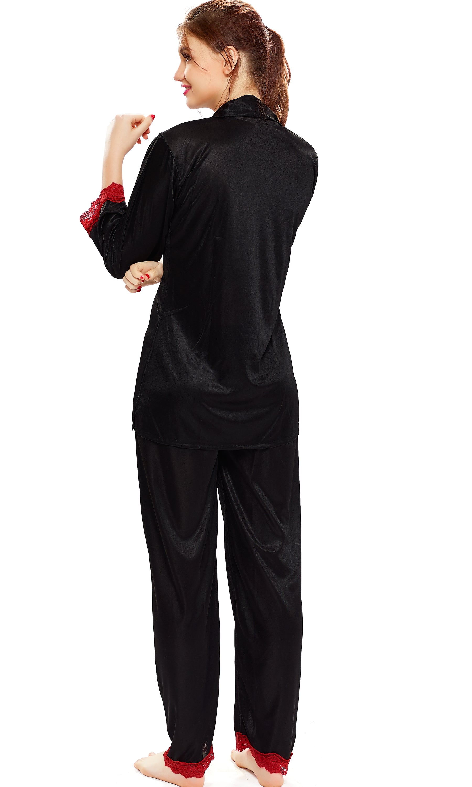 AV2 Women Satin 3/4th Sleeve Top and Pyjama Nightsuit Set - Black 1216B