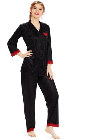 AV2 Women Satin 3/4th Sleeve Top and Pyjama Nightsuit Set - Black 1216B