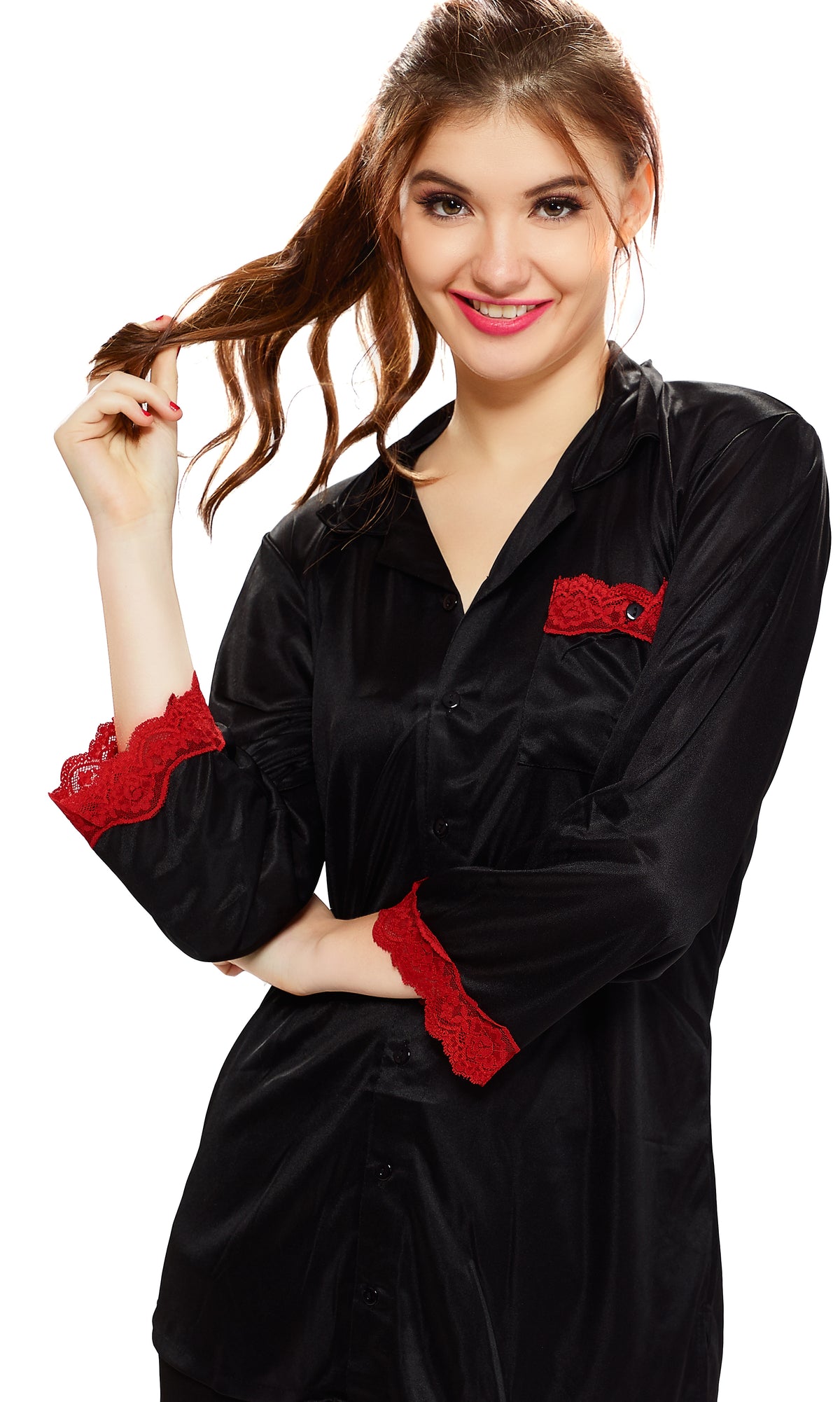 AV2 Women Satin 3/4th Sleeve Top and Pyjama Nightsuit Set - Black 1216B