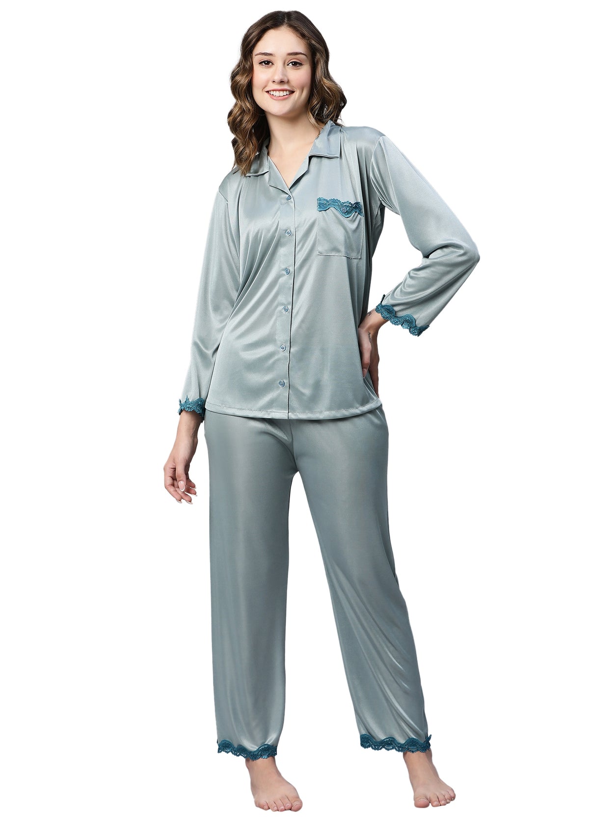 AV2 Women Satin 3/4th Sleeve Top and Pyjama Nightsuit Set - Green 1216G