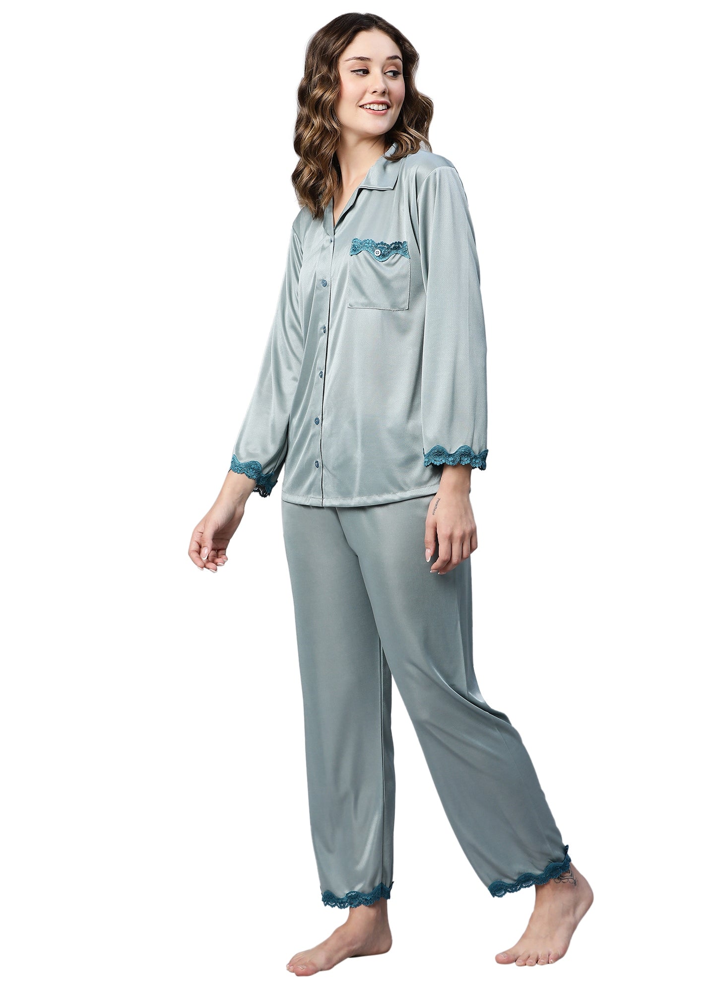 AV2 Women Satin 3/4th Sleeve Top and Pyjama Nightsuit Set - Green 1216G