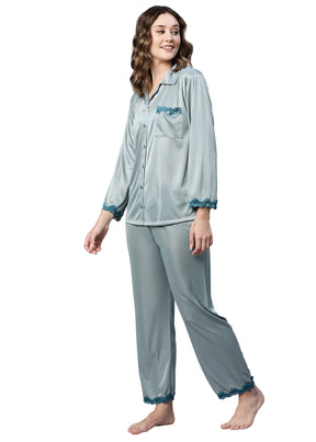 AV2 Women Satin 3/4th Sleeve Top and Pyjama Nightsuit Set - Green 1216G