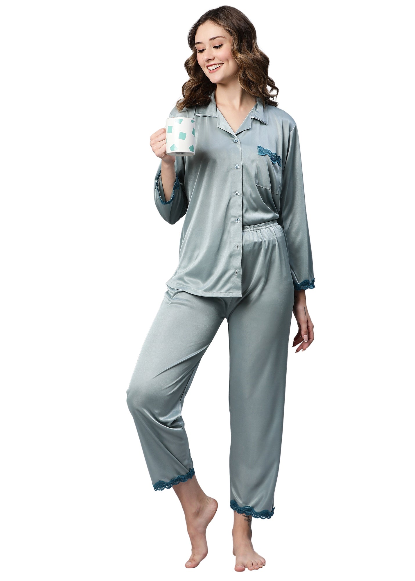 AV2 Women Satin 3/4th Sleeve Top and Pyjama Nightsuit Set - Green 1216G