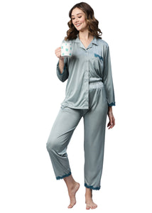 AV2 Women Satin 3/4th Sleeve Top and Pyjama Nightsuit Set - Green 1216G