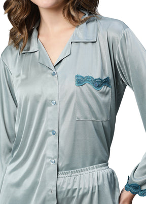 AV2 Women Satin 3/4th Sleeve Top and Pyjama Nightsuit Set - Green 1216G