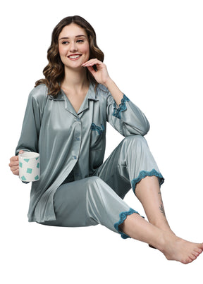 AV2 Women Satin 3/4th Sleeve Top and Pyjama Nightsuit Set - Green 1216G