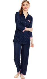 AV2 Women Satin 3/4th Sleeve Top and Pyjama Nightsuit Set - Navy 1216N