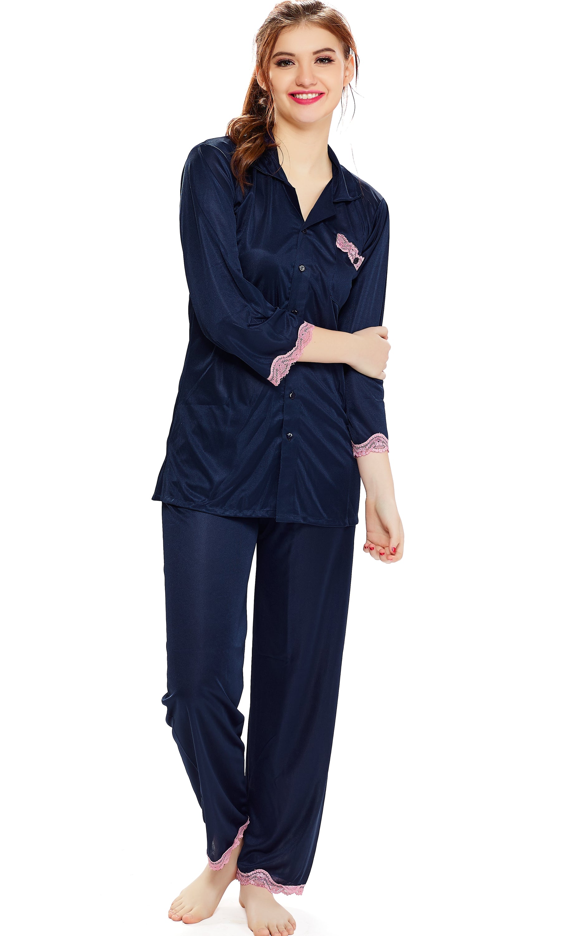 AV2 Women Satin 3/4th Sleeve Top and Pyjama Nightsuit Set - Navy 1216N