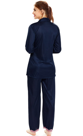 AV2 Women Satin 3/4th Sleeve Top and Pyjama Nightsuit Set - Navy 1216N