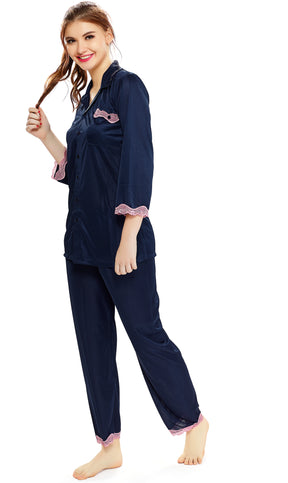 AV2 Women Satin 3/4th Sleeve Top and Pyjama Nightsuit Set - Navy 1216N
