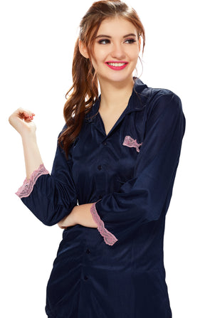 AV2 Women Satin 3/4th Sleeve Top and Pyjama Nightsuit Set - Navy 1216N
