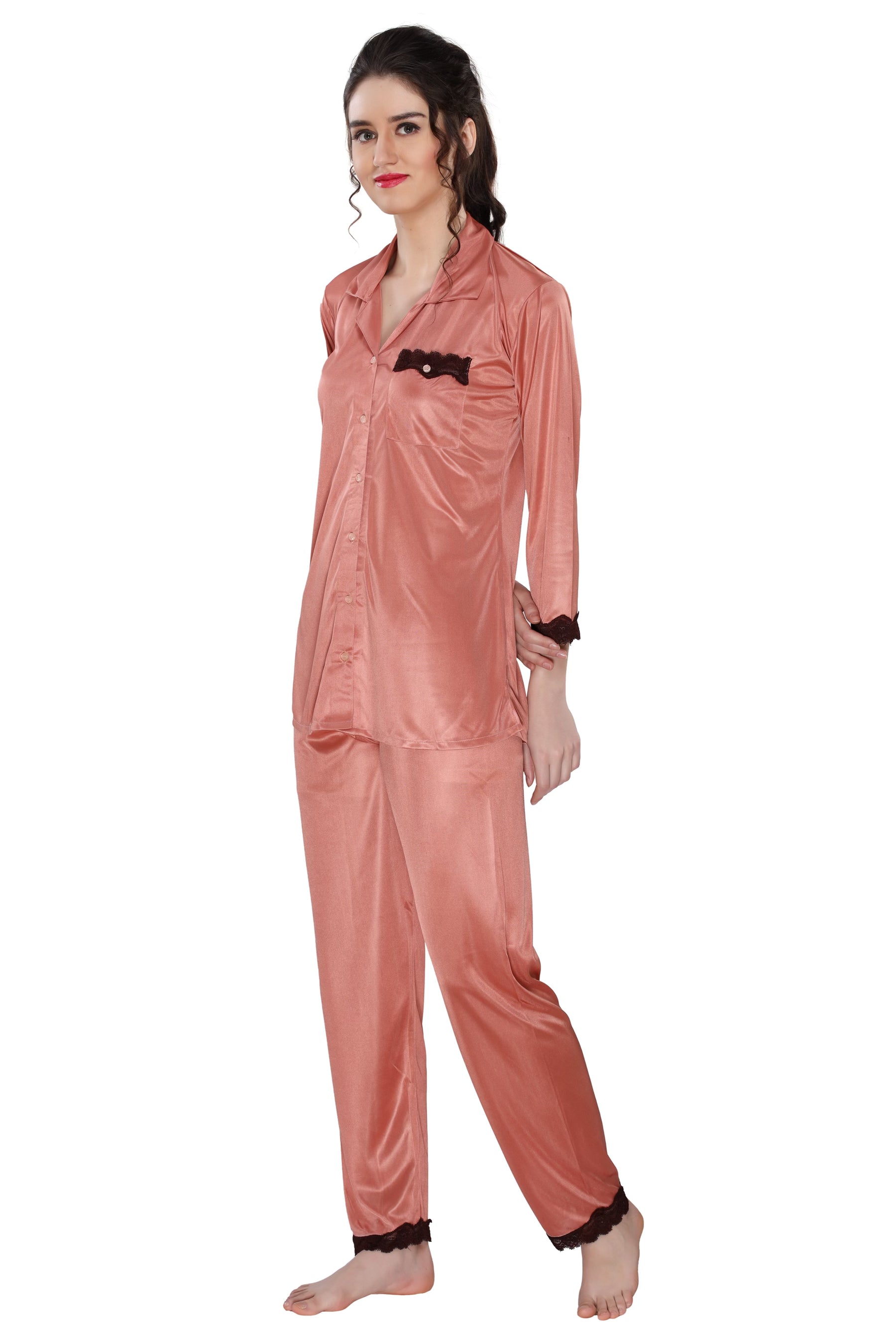 AV2 Women Satin 3/4th Sleeve Top and Pyjama Nightsuit Set - Peach 1216P