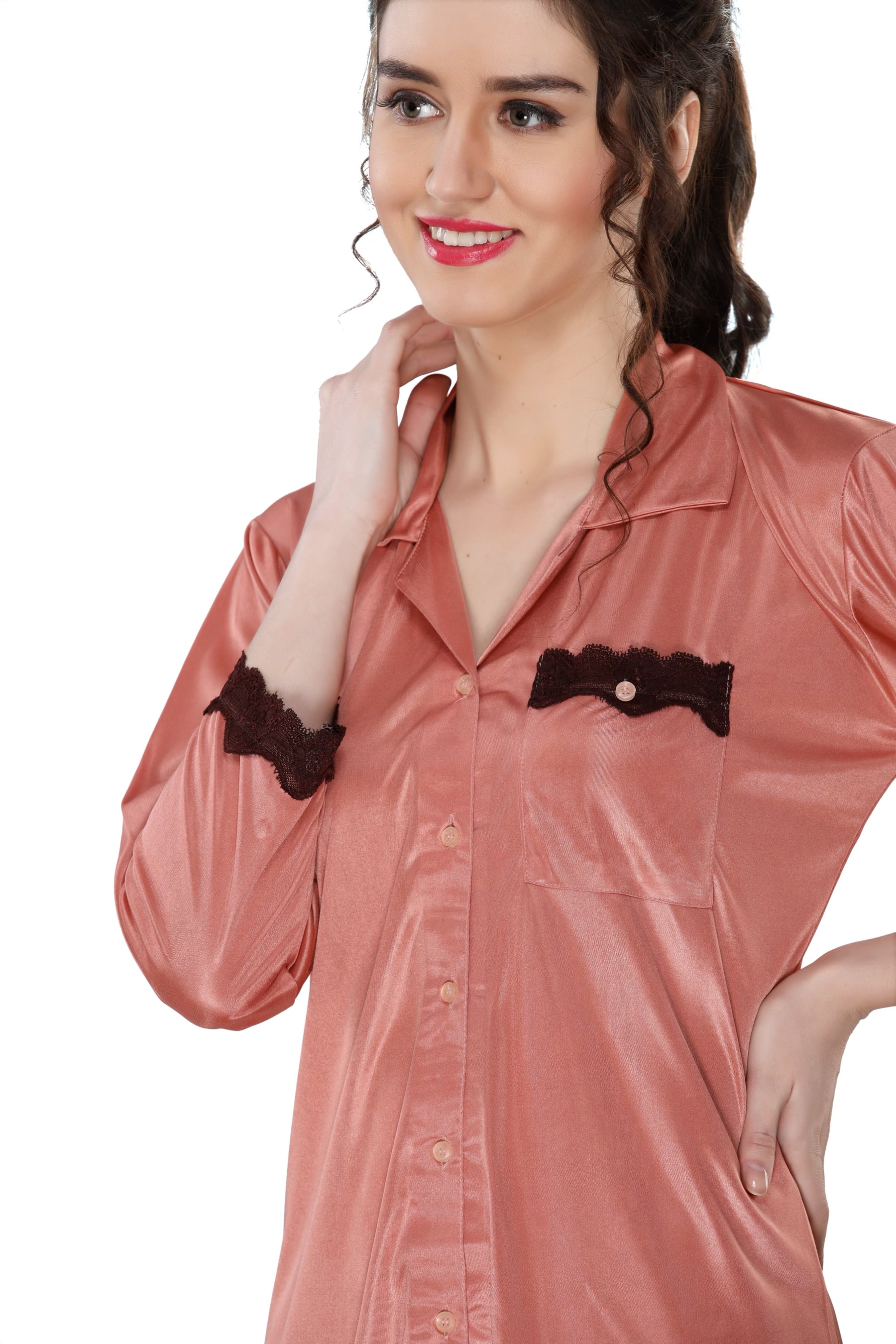 AV2 Women Satin 3/4th Sleeve Top and Pyjama Nightsuit Set - Peach 1216P